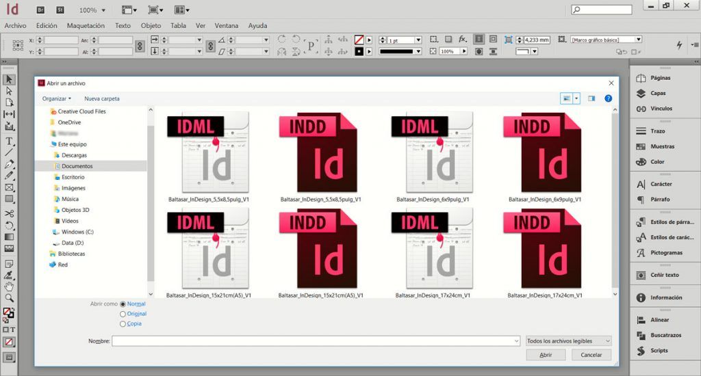 Diferentes tipos de archivos generados en Adobe InDesign