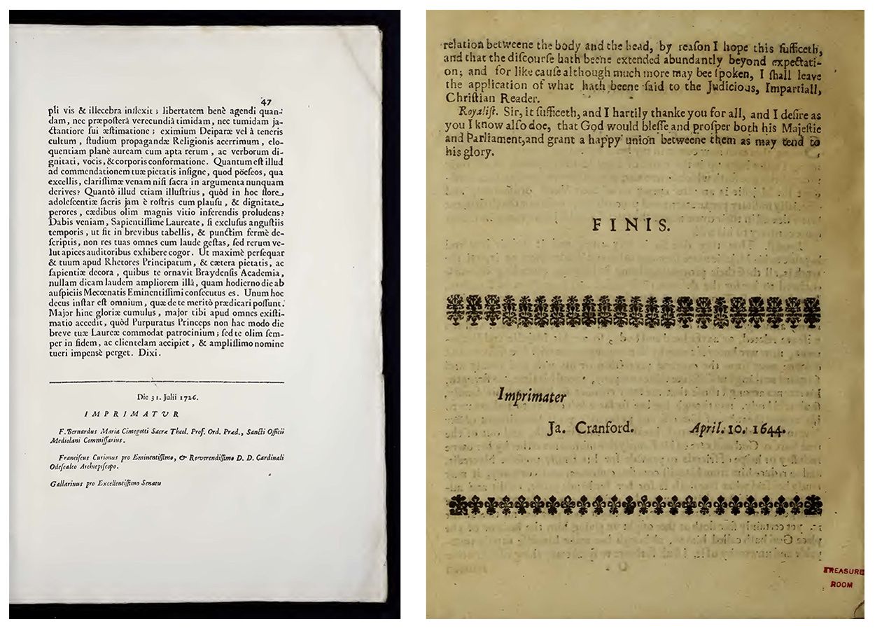 Un imprimátur al final de un opúsculo del siglo XVIII. Y otro del libro A medicine for malignancy, de medidos del siglo XVII.